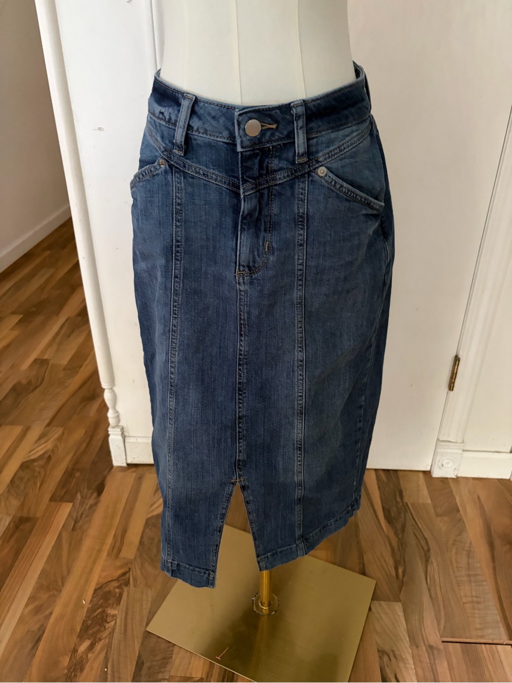 Cute Detailed Denim Knee / Midi Length Skirt Front Slit Stretch, 6P, EUC
